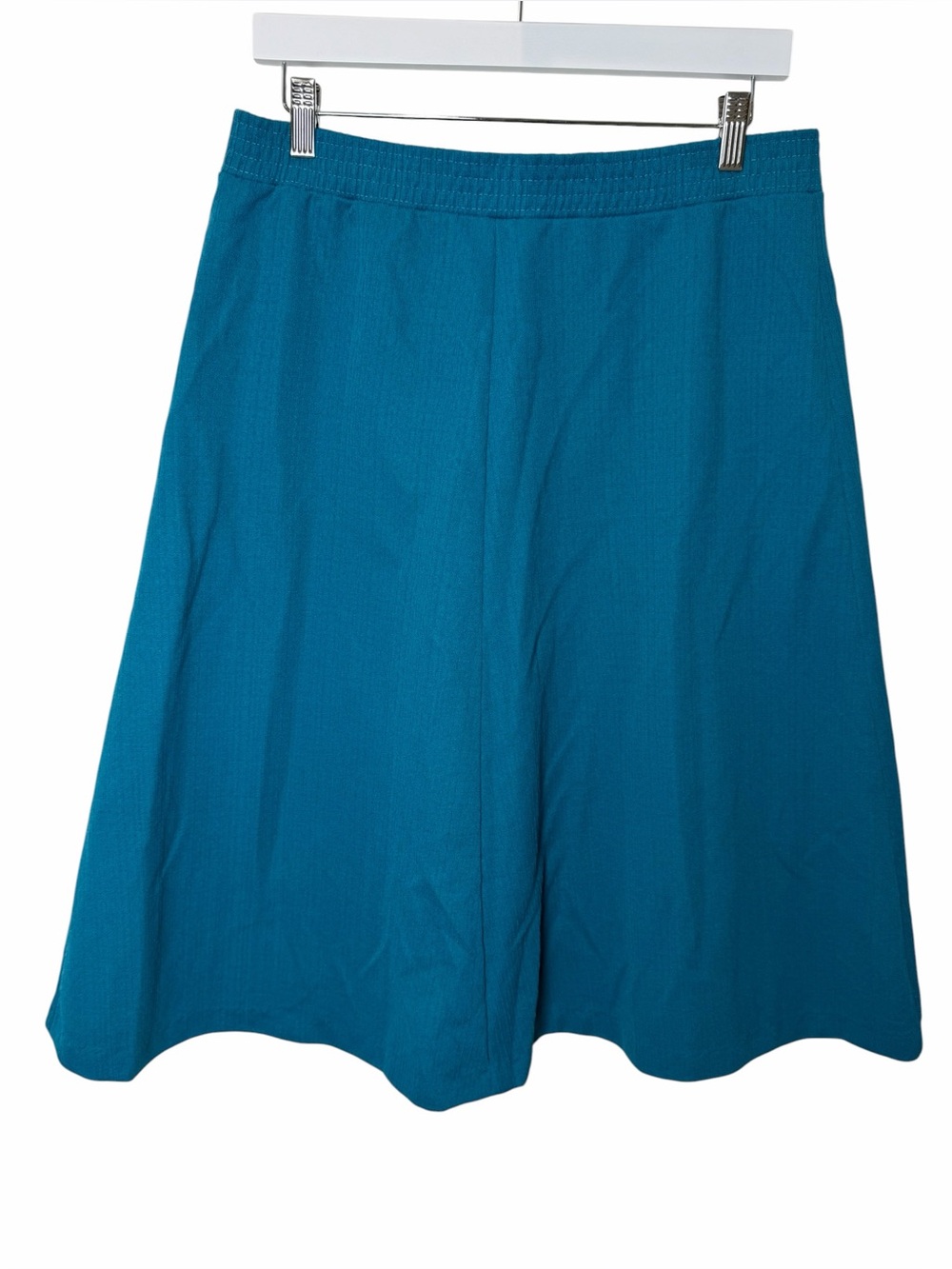 Vintage 70s Teal Textured Midi Skirt // Mod Minimalist High Waist Flowy Skirt L - Picture 3 of 6